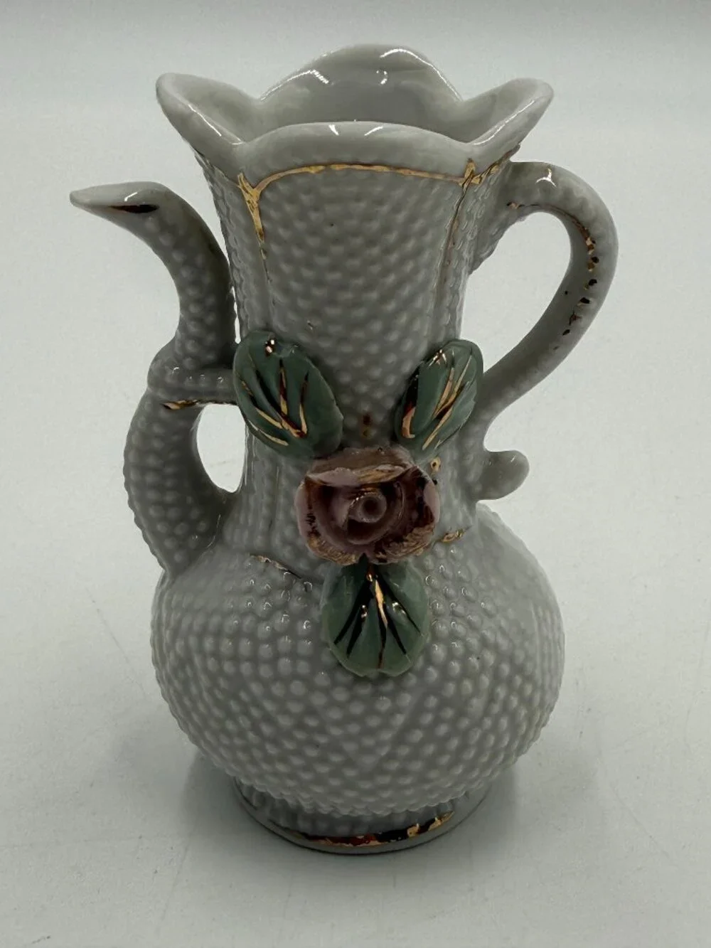 Japan White Hobnail Porcelain Bud Vase Pink Applied Rose Flower 4 in Vintage
